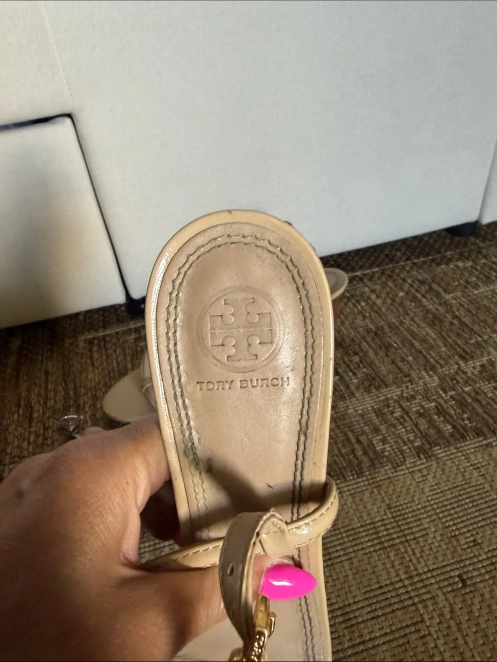 Tory Burch Beige Patent Leather T-Strap Slingback Heels